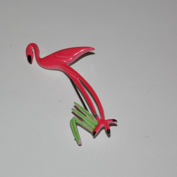 Vintage Enamel & Metal Flamingo Brooch Pink Bird Jewelry ~ Retro Pin