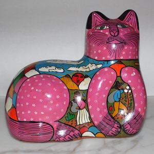 Vintage Mexico Large Folk Art Pottery Cat Handcrafted & Hand Painted Signed