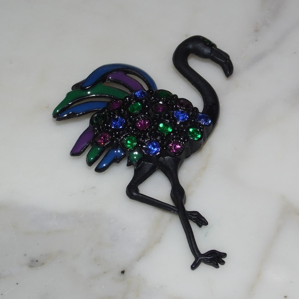 Vintage Rhinestone Enamel Flamingo Brooch Jappaned Bird Pin ~ Blue Purple Green