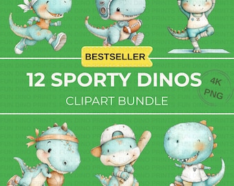 Sporty Dinosaur Clipart Bundle, Kids Nursery Decor (4K PNGs)
