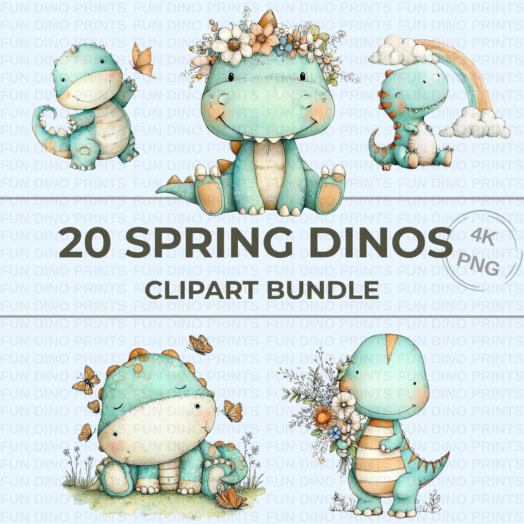 Spring Dinosaur Spring Dinosaur Clipart Bundle, Cute Baby Dino PNG, Easter Spring ...