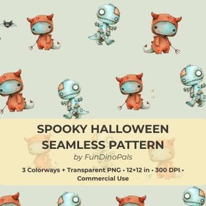 Halloween Dinosaur Seamless Pattern: Cute Zombie & Devil Dino Pattern, Spooky Halloween Digital Paper
