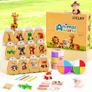 May include: A children's craft set featuring air-dry clay and animal-themed molds. The set includes a box with the words "Animal World" and "Air Dry Clay". There are also several small animal figurines and colorful clay containers.