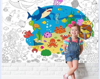 Under the Sea Giant Coloring Poster for Kids | Large Ocean Coloring Tablecloth | Big Sea Life Art Activity for Birthday Party, Classroom