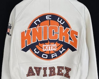 Jaqueta bomber de couro Knicks Kith x Avirex Jaqueta de couro bovino genuíno estilo universitário premium Jaqueta de couro Avirex feita à mão
