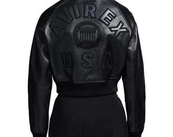 Avirex Cropped Icon Black Leather Jacket Women’s Bomber Varsity Style Jacket Genuine Cowhide Streetwear Fashion Jacket | Gift for Her