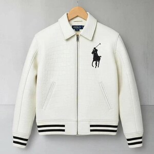 Polo Ralph Lauren veste en cuir gaufré croco pour homme, veste de motard en cuir de vachette véritable blanche avec écusson cheval noir, cadeau pour lui