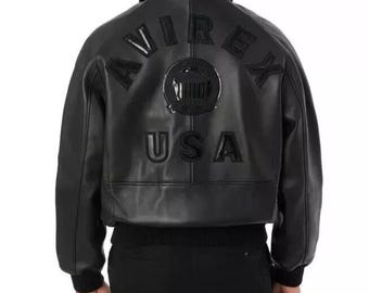 Avirex Men's Black Icon Aviator Leather Jacket Genuine Cowhide Leather Bomber Jacket Premium Varsity Style Handmade Avirex Biker Jacket Gift