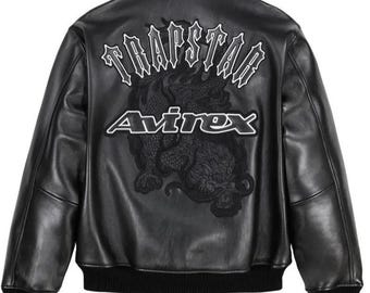 Jaqueta Bomber Trapstar x Avirex em Couro Preto Genuíno, Estilo Streetwear/Motociclista, Feita à Mão, Luxo, Moda, Presente Ideal para Ele
