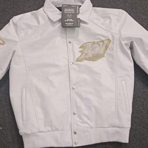 Avirex Vit Läderbomberjacka Herr Guldklubb Broderad Logotyp Perforerad Äkta Kohud Läder Bikerjacka Streetwear Present till Honom bild 3