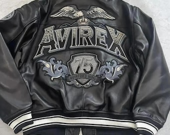 Avirex Aviator King 75 Leather Bomber Jacket Men's Black Genuine Cowhide Varsity Biker Jacket Vintage Style Leather Moto Jacket Gift For Him
