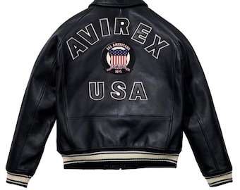 Schwarze Avirex USA Icon Leder Bomberjacke Echtes Rindsleder Militär Bomber Lederjacke Varsity Bikerjacke Streetwear Geschenk für Ihn