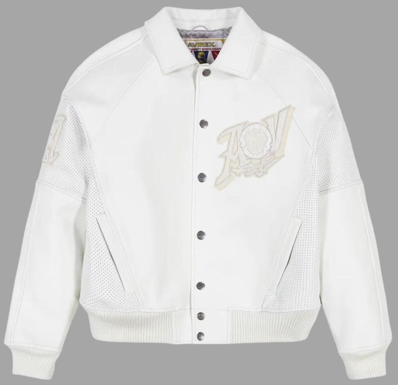 Avirex Vit Läderbomberjacka Herr Guldklubb Broderad Logotyp Perforerad Äkta Kohud Läder Bikerjacka Streetwear Present till Honom bild 4