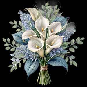 May include: A digital illustration of a bouquet of white calla lilies with yellow centers, surrounded by blue-green leaves and small blue flowers. The stems are tied with twine against a black background.