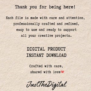 May include: A beige digital product advertisement with black text. The text reads "Thank you for being here!" and describes the product as easy to use and ready to support creative projects. It also states "DIGITAL PRODUCT INSTANT DOWNLOAD" and "Crafted with care, shared with love". The brand name "JustTheDigital" is at the bottom.