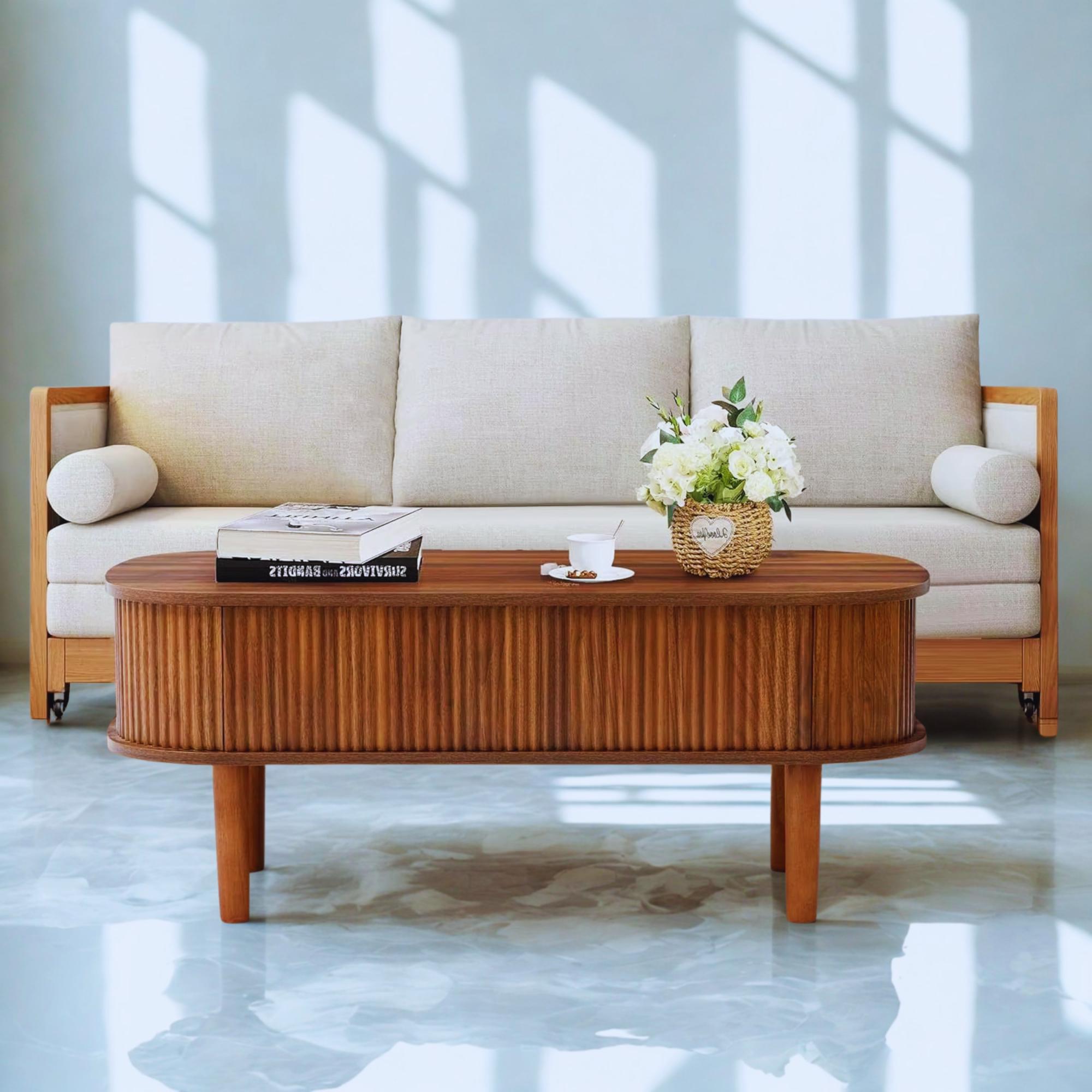 Modern Fluted Lift Top Coffee Table With Hidden Storage, Oval Wooden ...