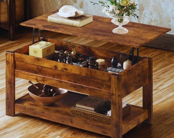 Lift Top Wooden Coffee Table with Hidden Storage | Modern Rustic Living Room Table | Wood Centre Table with Shelf