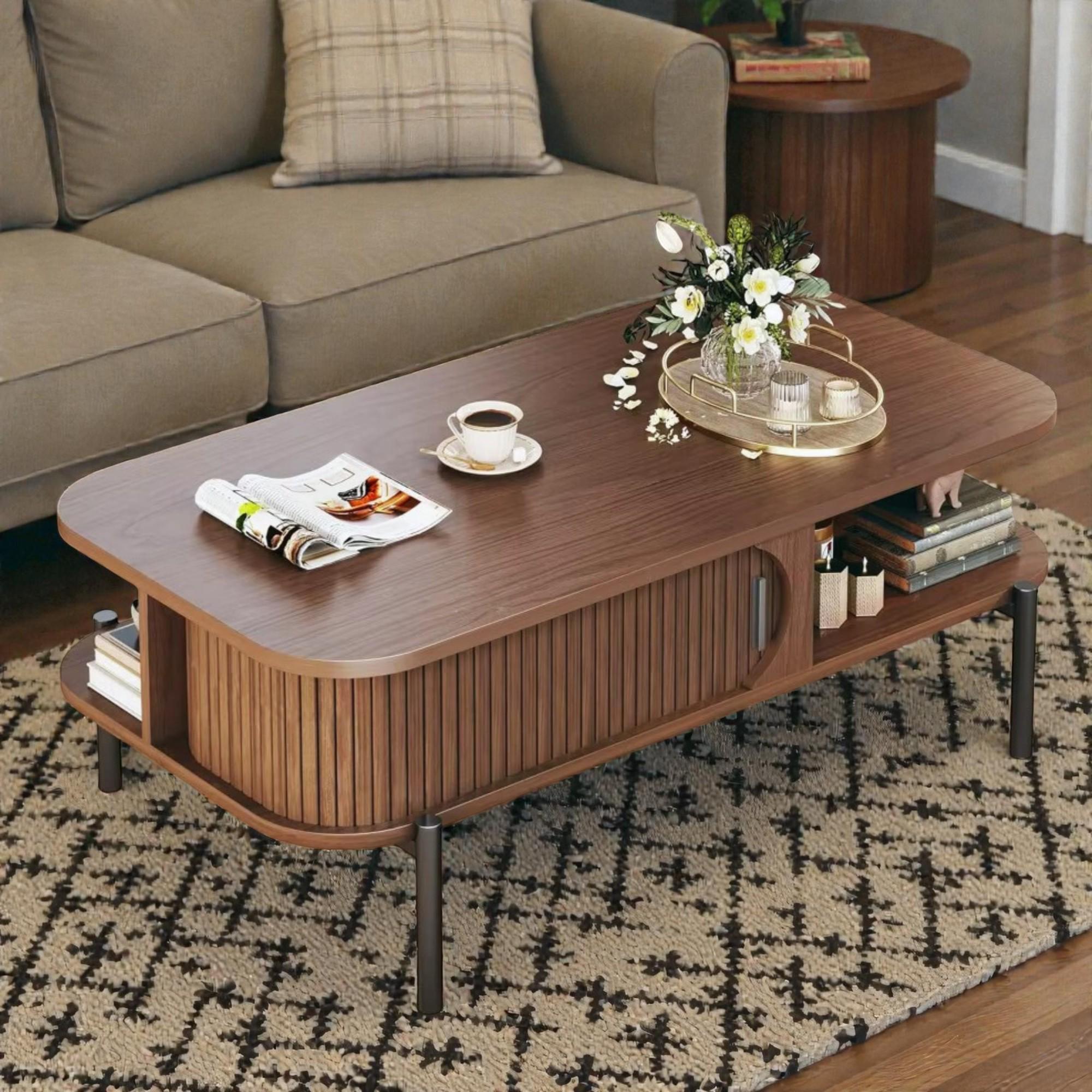 Mid Century Modern Coffee Table With Storage, Wood Living Room Table ...