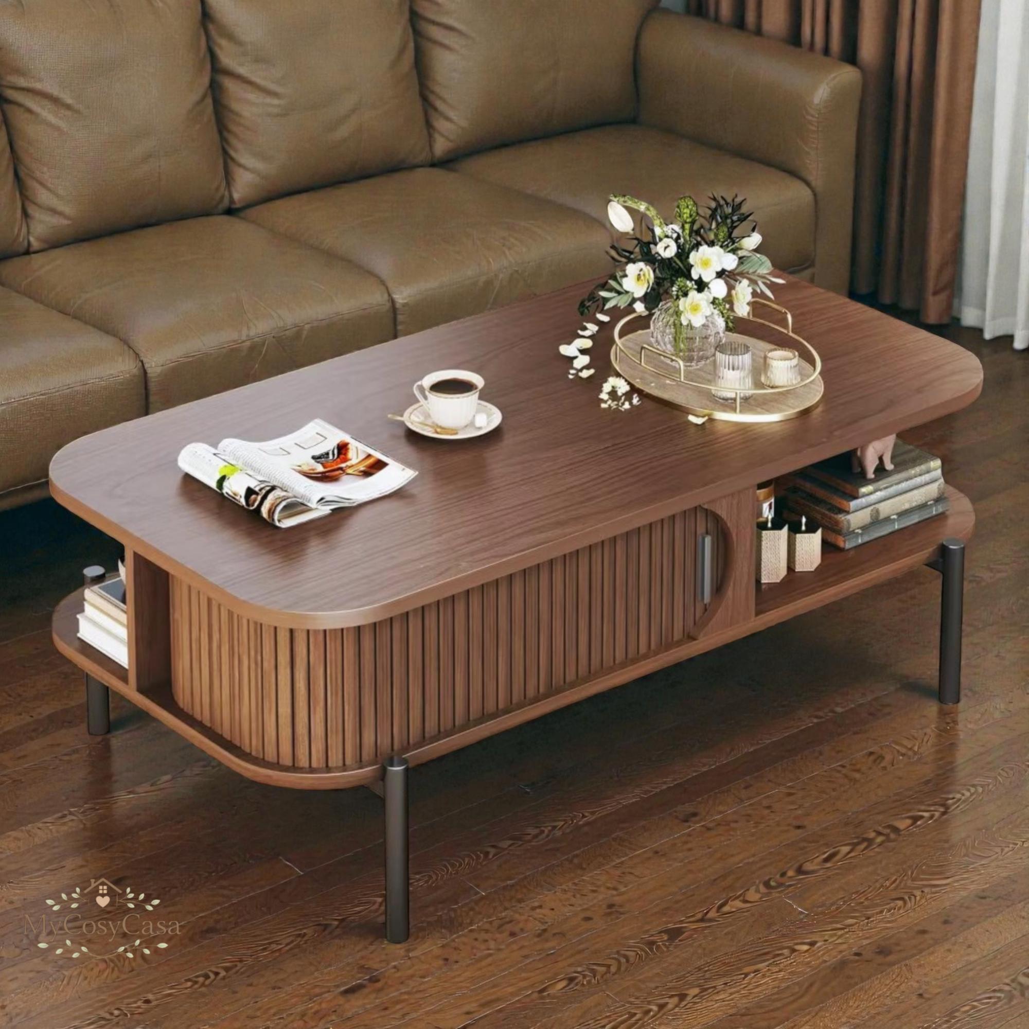 Mid Century Modern Coffee Table With Storage, Wood Living Room Table ...