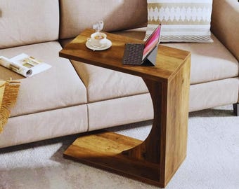 Brown Wood C-Shaped Sofa Side Table: Modern Couch End Table