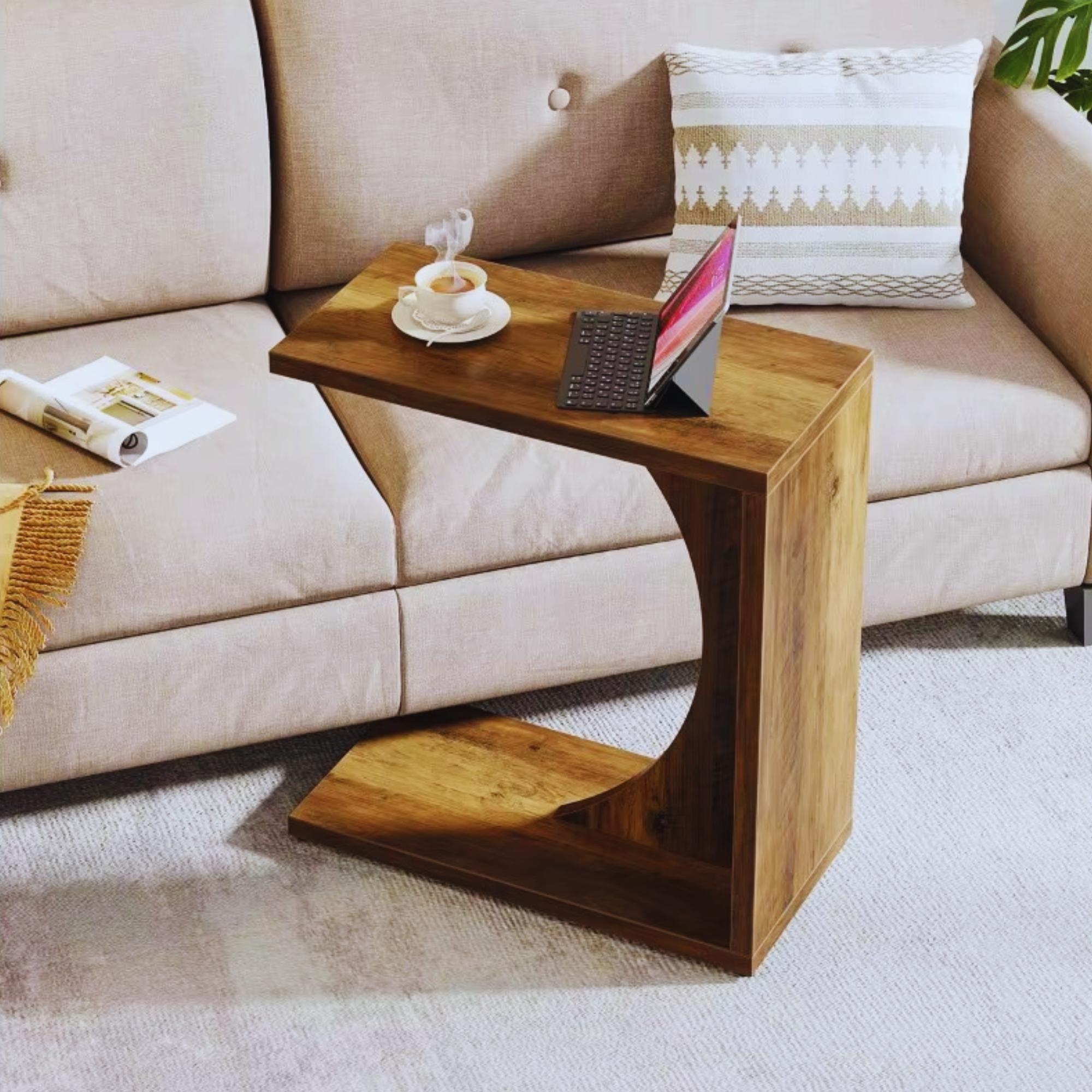 Brown Wood C-shaped Sofa Side Table: Modern Couch End Table - Etsy