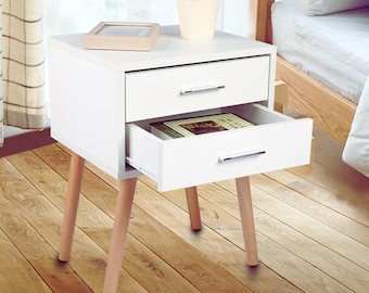 Modern White Bedside Table Small Nightstand with Wooden Legs