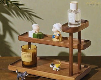 Walnut Wood 2-Tier Display Shelf – Solid Wood Desktop Organizer, Perfume Stand, Tea & Cup Holder, Home Storage Rack