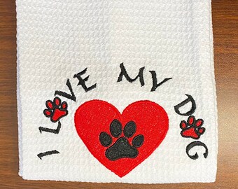 I love My Dog Embroidered Waffle Kitchen Towel