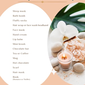 Può includere: Immagine promozionale con il testo "Pamper Scoop" e un elenco di articoli per la cura di sé. L'immagine include una candela accesa, pietre e un'orchidea bianca. L'elenco include articoli come una maschera per dormire, una bomba da bagno e un libro.