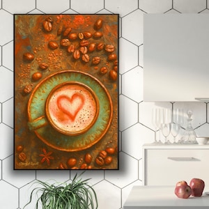 Impression d'art « Tasse de café en forme de cœur » - Nature morte murale - Décoration rustique pour la cuisine - Peinture de grains de café