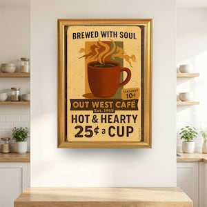 May include: A rectangular framed wall sign with a vintage aesthetic featuring a brown coffee mug, steam, and two horses. The text reads: BREWED WITH SOUL, OUT WEST CAFÉ, Est. 1959, HOT & HEARTY 25¢ a CUP, and TAKEAWAY 10¢. The background is a light tan color.