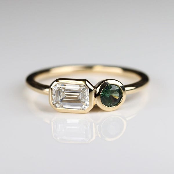 Anillo de compromiso de oro macizo de 14 quilates con moissanita esmeralda incolora de 0,5 ct y moissanita verde de talla redonda de 0,25 ct. Anillo de oro macizo de 14 quilates, engaste biselado, anillo de dos piedras para mujer.