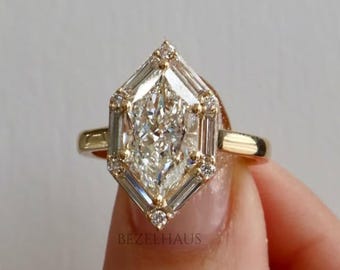 Anillo de compromiso de moissanita de talla marquesa holandesa de 3 quilates, anillo de oro macizo de 14 quilates, anillo con engaste de halo, anillo de propuesta, anillo apilable, regalo de aniversario