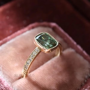 2 CT Greed Elongated Cushion Moissanite Ring, 14K Solid Gold Engagement Ring, Milgrain Bezel Ring, Pave Setting Ring, Proposal Ring For Her