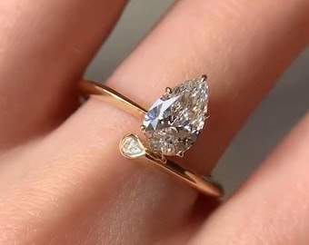 Bague toi et moi, bague de fiançailles en moissanite taille poire 2 carats, bague en or massif 14 carats, bague deux pierres, bague vous et moi, bague tendance, bague de promesse