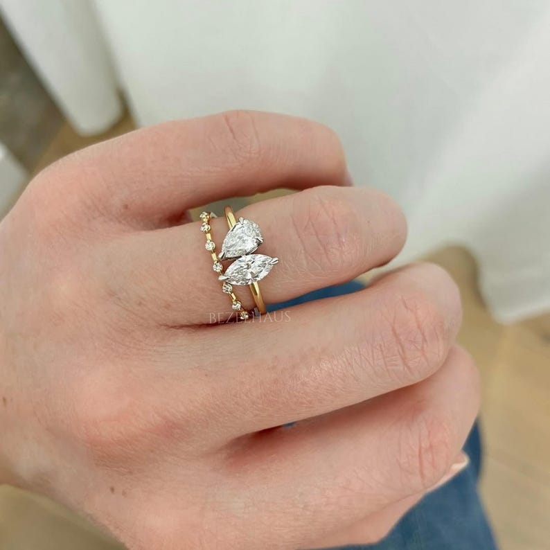 Pear and Marquise Cut Moissanite Engagement Ring, 14K Solid Gold Ring ...