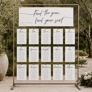 Peut inclure: Un plan de table de mariage composé d'un cadre métallique rectangulaire avec un grillage. Une grande pancarte blanche indique Find the year, find your seat, Olivia + Jonathan, 08.15.2027. Quinze cartes blanches numérotées de One à Fifteen sont fixées.