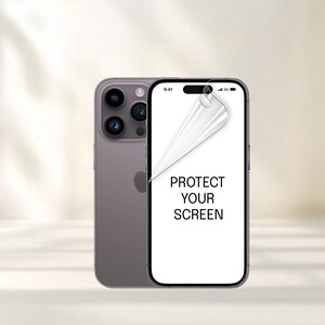 May include: A purple smartphone with a screen protector being applied. The screen protector is partially peeled back, revealing the phone's screen. Text on the screen reads "PROTECT YOUR SCREEN". The phone has three rear cameras.