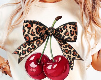 Leopard Cherry Coquette Png, Preppy Valentine Png, Valentines Day Bow Png, Girly Valentine Shirt Png, Cherry Bow Png, Love You Cherry Png