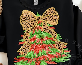 Luipaard Kerstboom Coquette Png, Vrolijk Kerstmis Png, Kerstboom met penseelstreken en strik Png, Nep gouden glitter Kerst Png, Kerstvakantie Sublimatie
