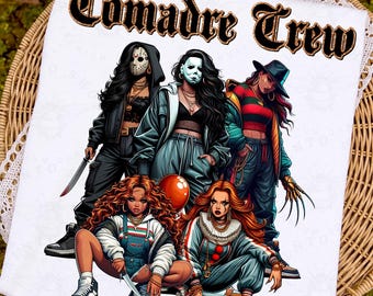 PNG de Comadre Crew para películas de terror, PNG de personajes de Halloween, PNG de películas de miedo de Halloween, PNG de camisetas vintage de Halloween, PNG de asesinos de películas de terror