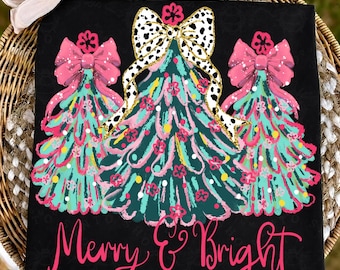 Glitter Merry and Bright Png, Christmas Tree Png, Preppy Merry Christmas Png, Christmas Girly Png, Christmas Coquette Sublimation Png