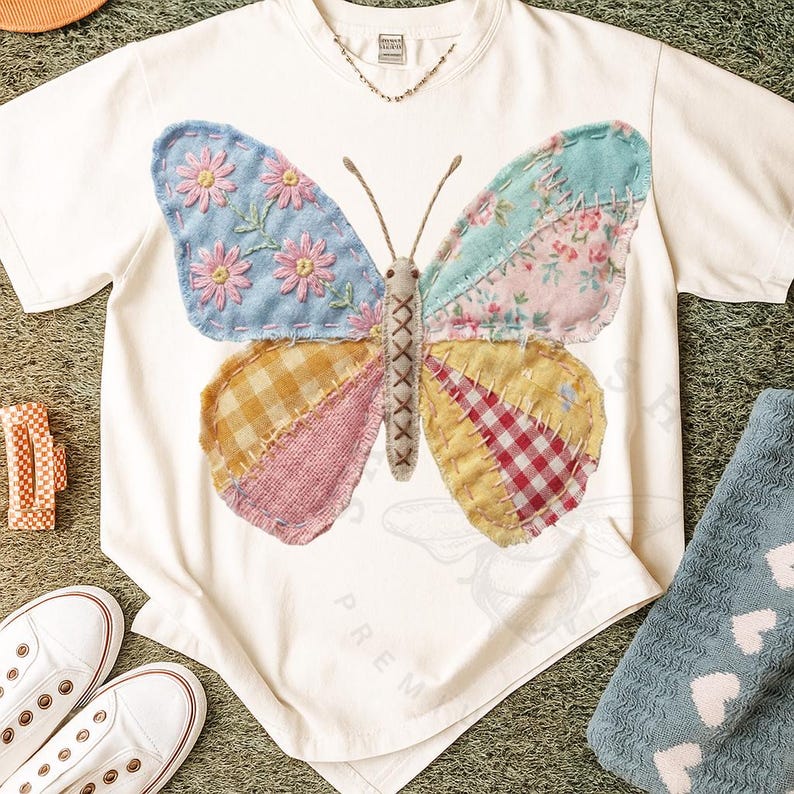 May include: White t-shirt featuring a large butterfly design. The butterfly wings are patchwork, with blue, pink, yellow, and red patterns. The butterfly's body is a light brown color, and the shirt has a crew neck.
