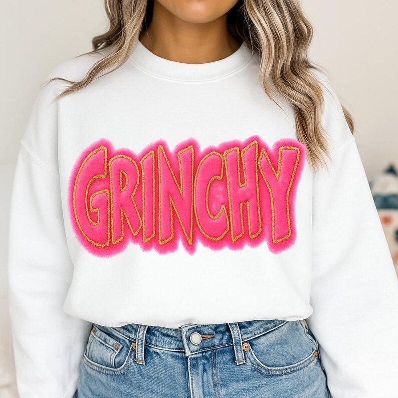 Grinchy Pink Chenille With Gold Outline Patch Sweatshirt main image 1