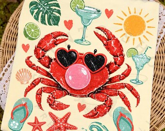 Immagine PNG estiva con granchio costiero e gomma da masticare, immagine PNG estiva preppy, immagine PNG con vibrazioni estive, design nautico costiero per maglietta, sublimazione estetica da spiaggia