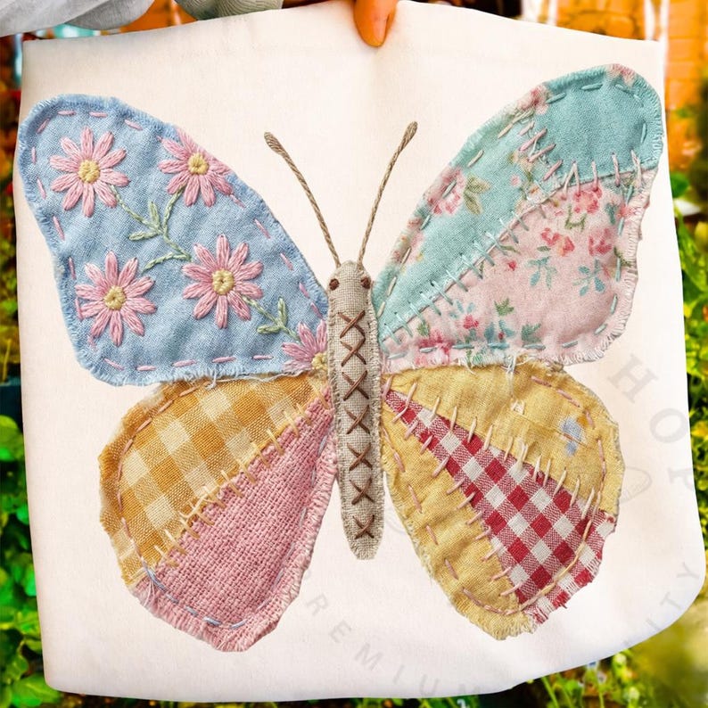 May include: A fabric butterfly with patchwork wings and embroidered details. The wings feature various patterns, including floral, gingham, and plaid, in shades of blue, pink, yellow, and red. The butterfly's body is beige with a stitched design.