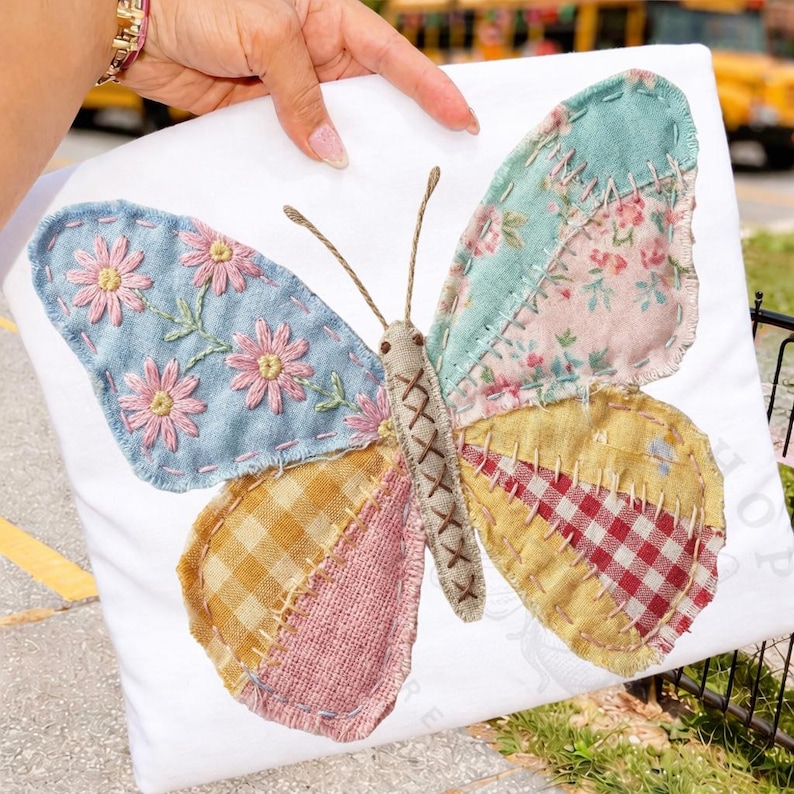 May include: A decorative butterfly applique on a white background. The butterfly features patchwork wings in various patterns and colors, including floral, gingham, and solid fabrics. The butterfly's body is a tan color with a stitched design, and the wings are adorned with embroidered details.