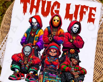 Thug Life Horrorfilm PNG, Gruselige Halloween-Figur PNG, Gruselsaison PNG, Horrorfilmfiguren PNG, Vintage-Halloween-Shirt PNG