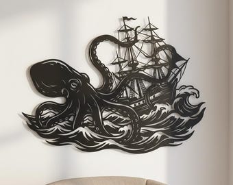 Arte de pared de pulpo de metal, decoración náutica Kraken