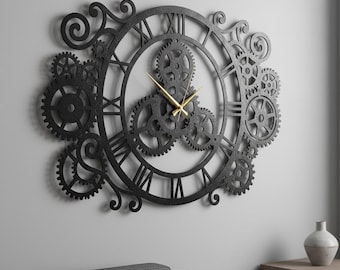 Steampunk Metal Gear Wall Clock, Industrial Cog Art, Roman Numerals, Large Sculpture Home Decor